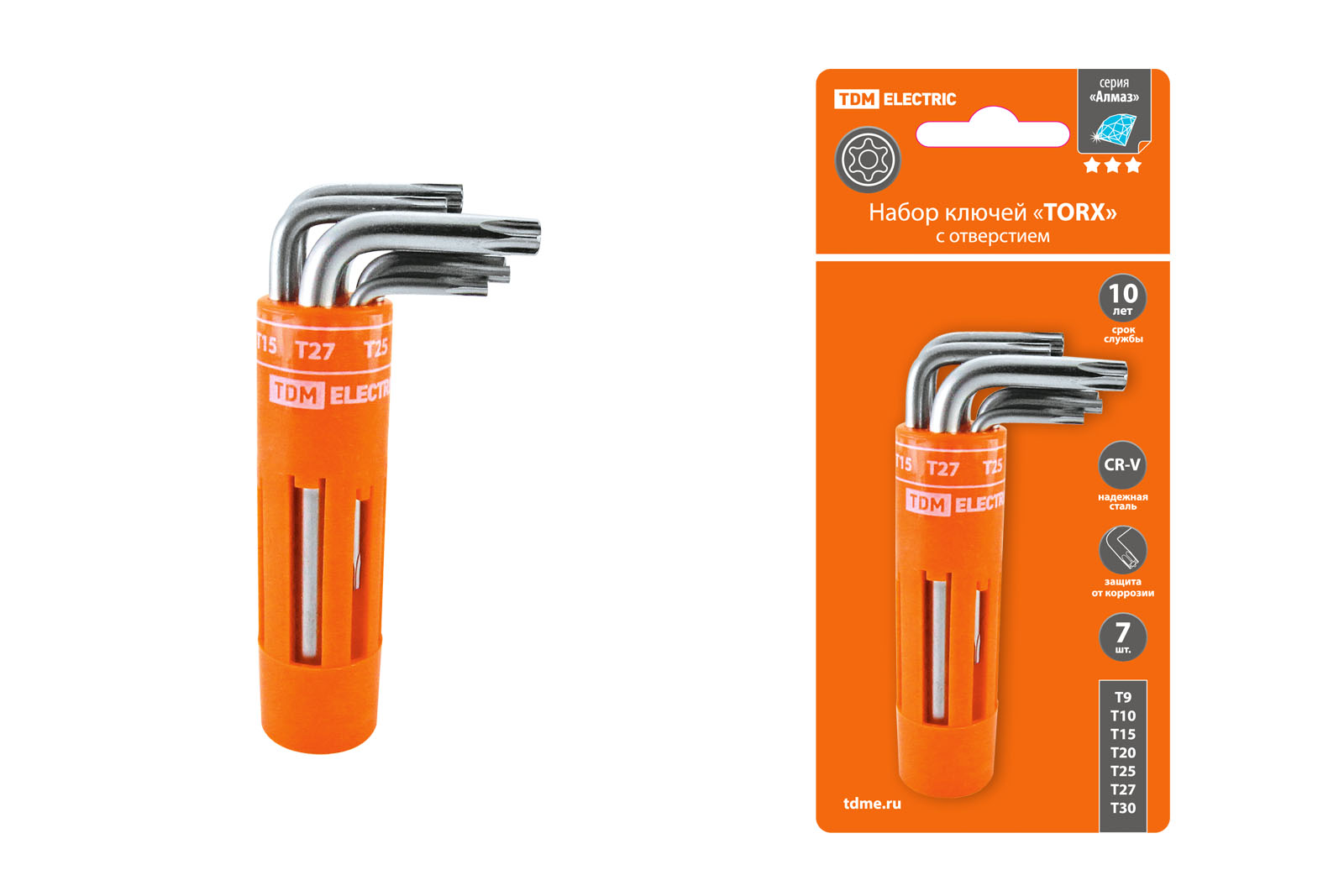 Set de chei „TORX” cu gaură 7 buc.: T9‑T30 (suport rotund în blister), oțel CR‑V „Almaz” TDM