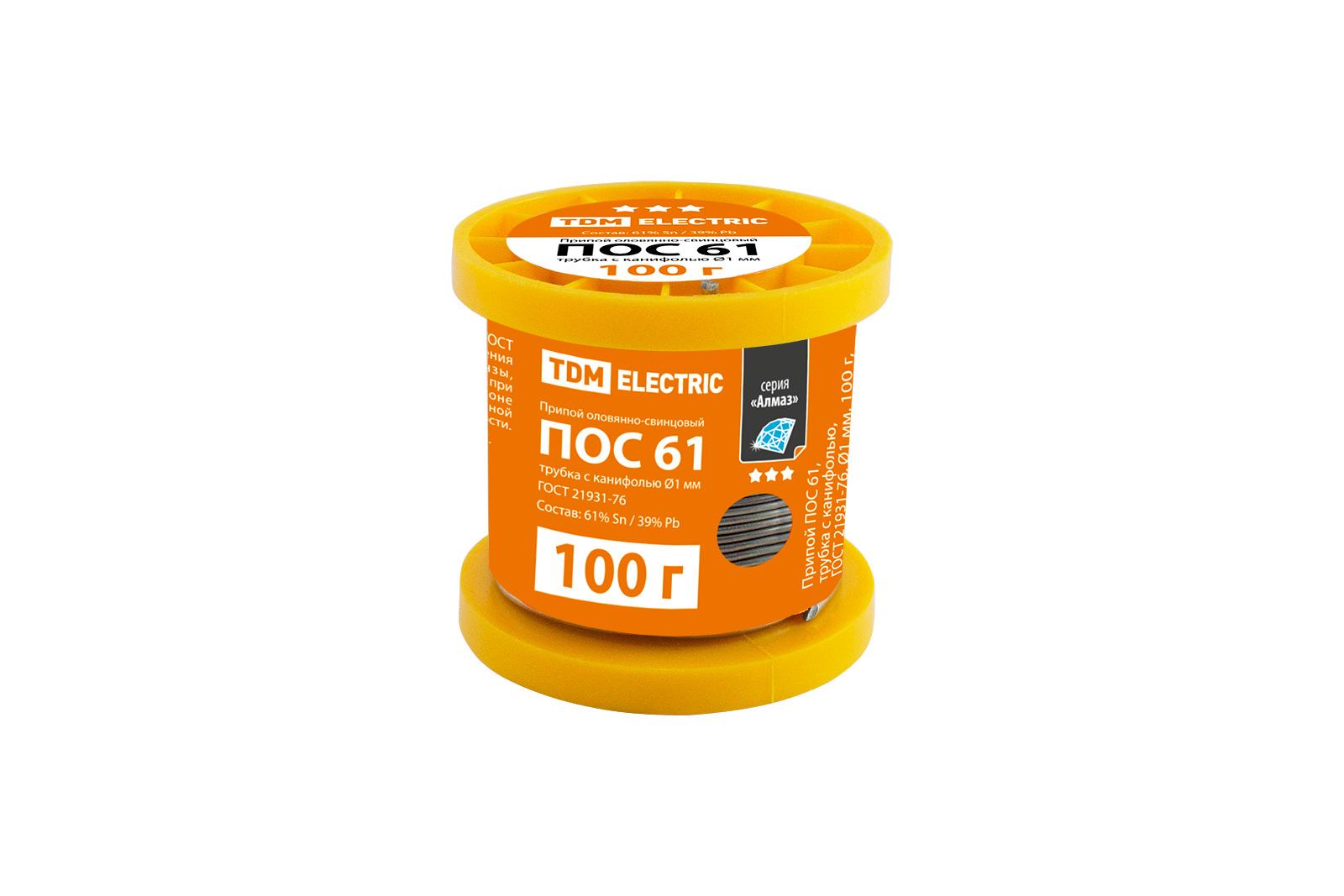 Sârmă de lipit POS 61, tub cu ceară, ГОСТ 21931-76, Ø1 mm, 100 g, bobină, seria "Almaz" TDM