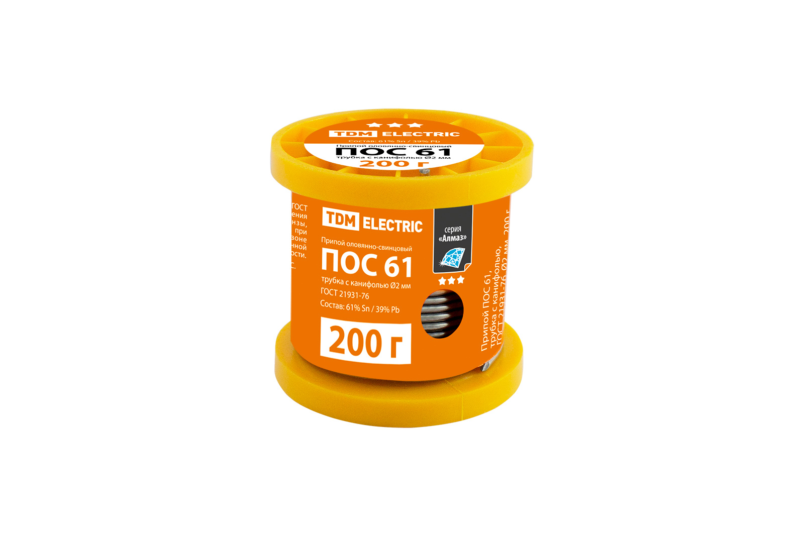Sârmă de lipit POS 61, tub cu ceară, ГОСТ 21931-76, Ø2 mm, 200 g, bobină, seria "Almaz" TDM