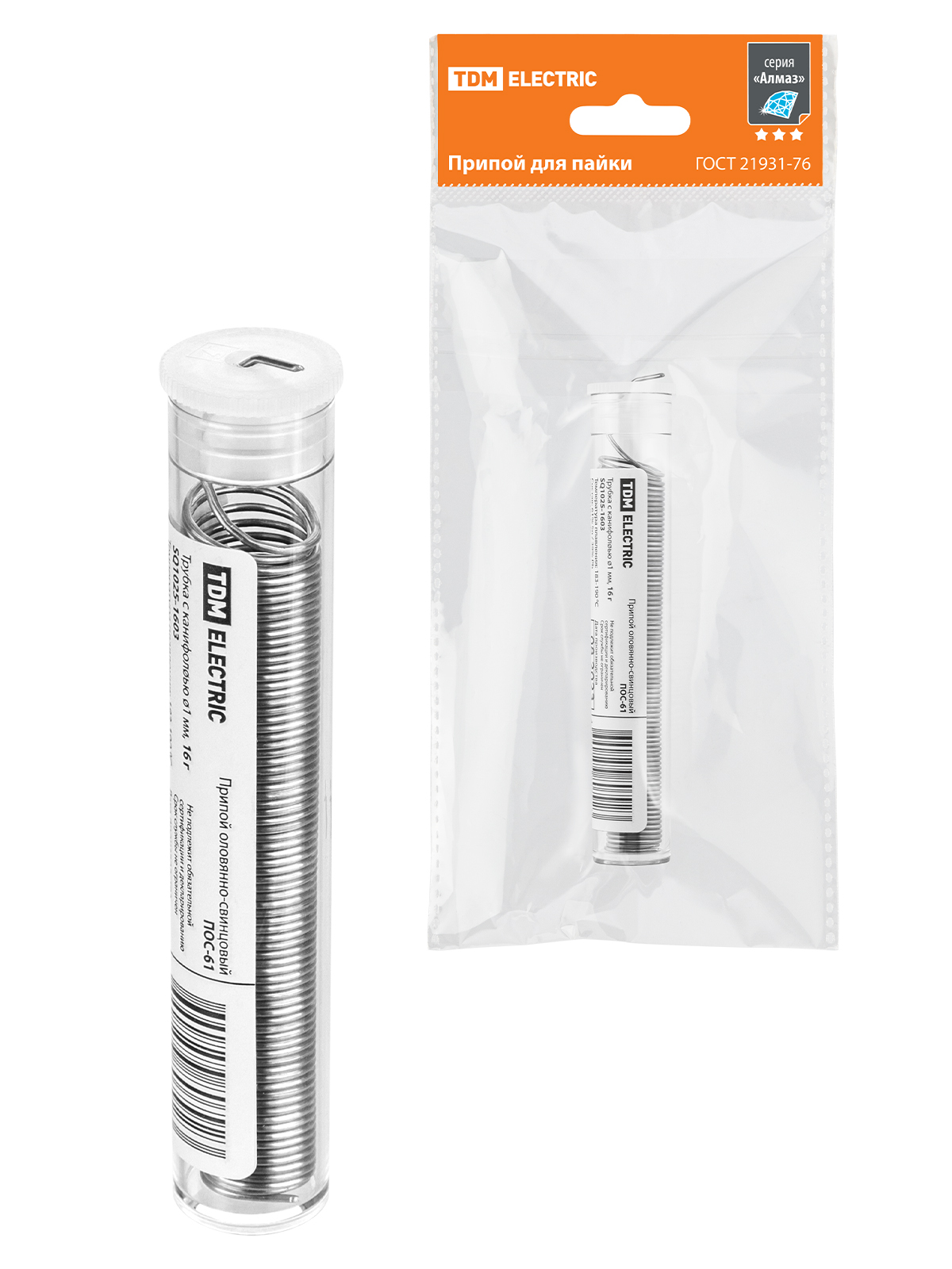 Sârmă de lipit POS 61, tub cu canică, GOST 21931‑76, Ø1 mm, 16 g, flacon, seria "Алмаз" TDM