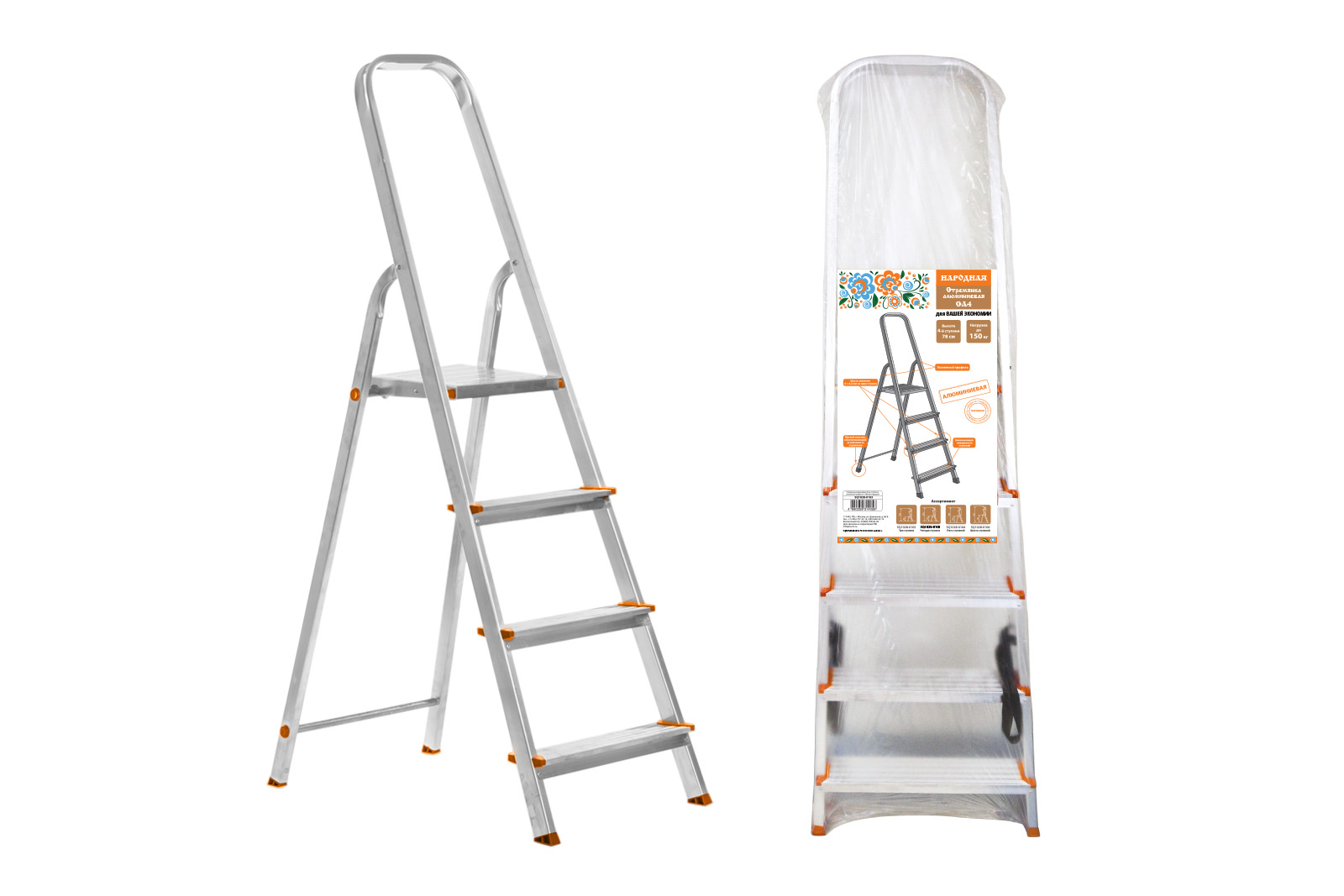 Scară portativă din aluminiu SA4, 4 trepte, profil întărit h=780 mm, Народная