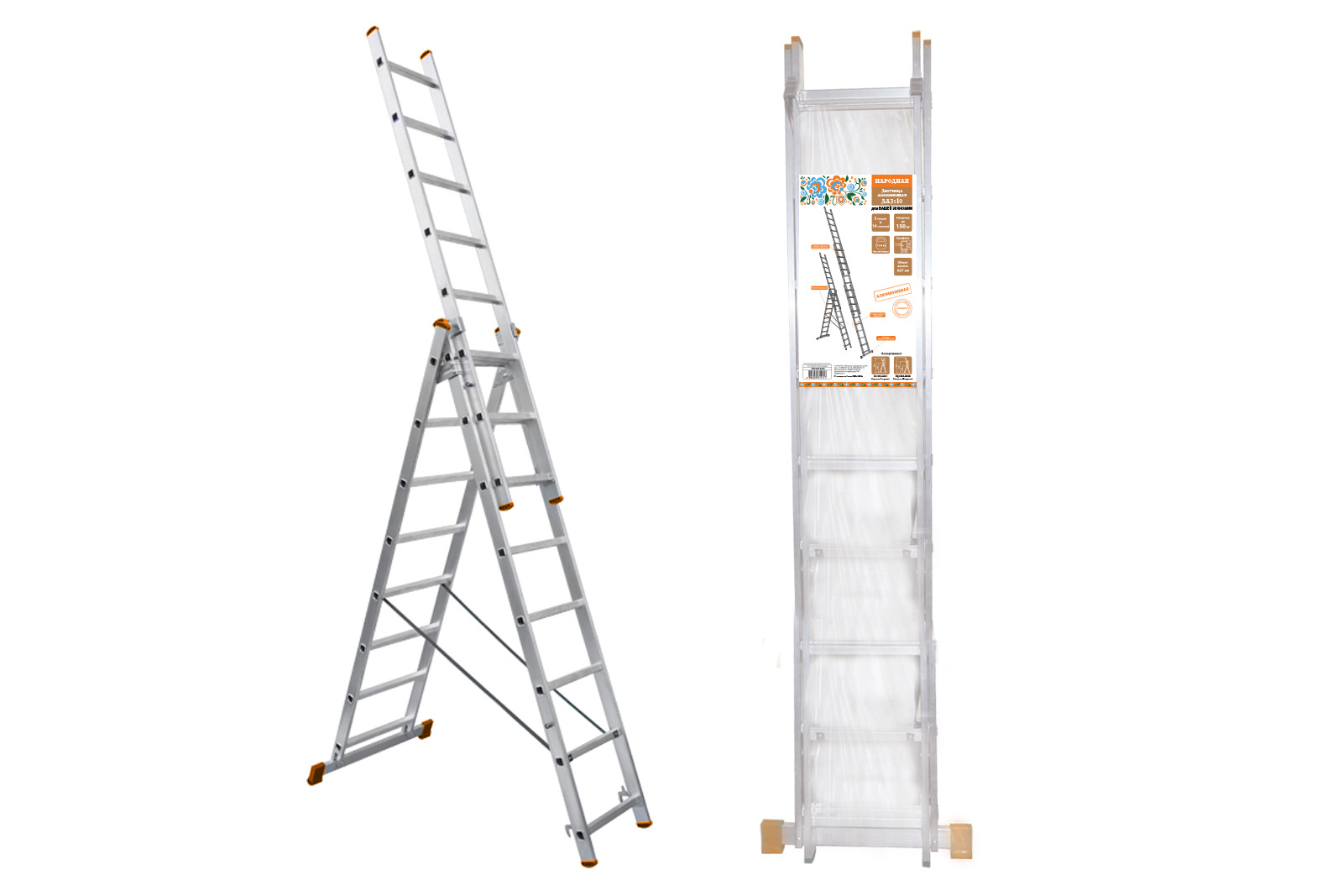 Scară din aluminiu, LA3x10, 3 secțiuni x 10 trepte, h=6270 mm, Народная