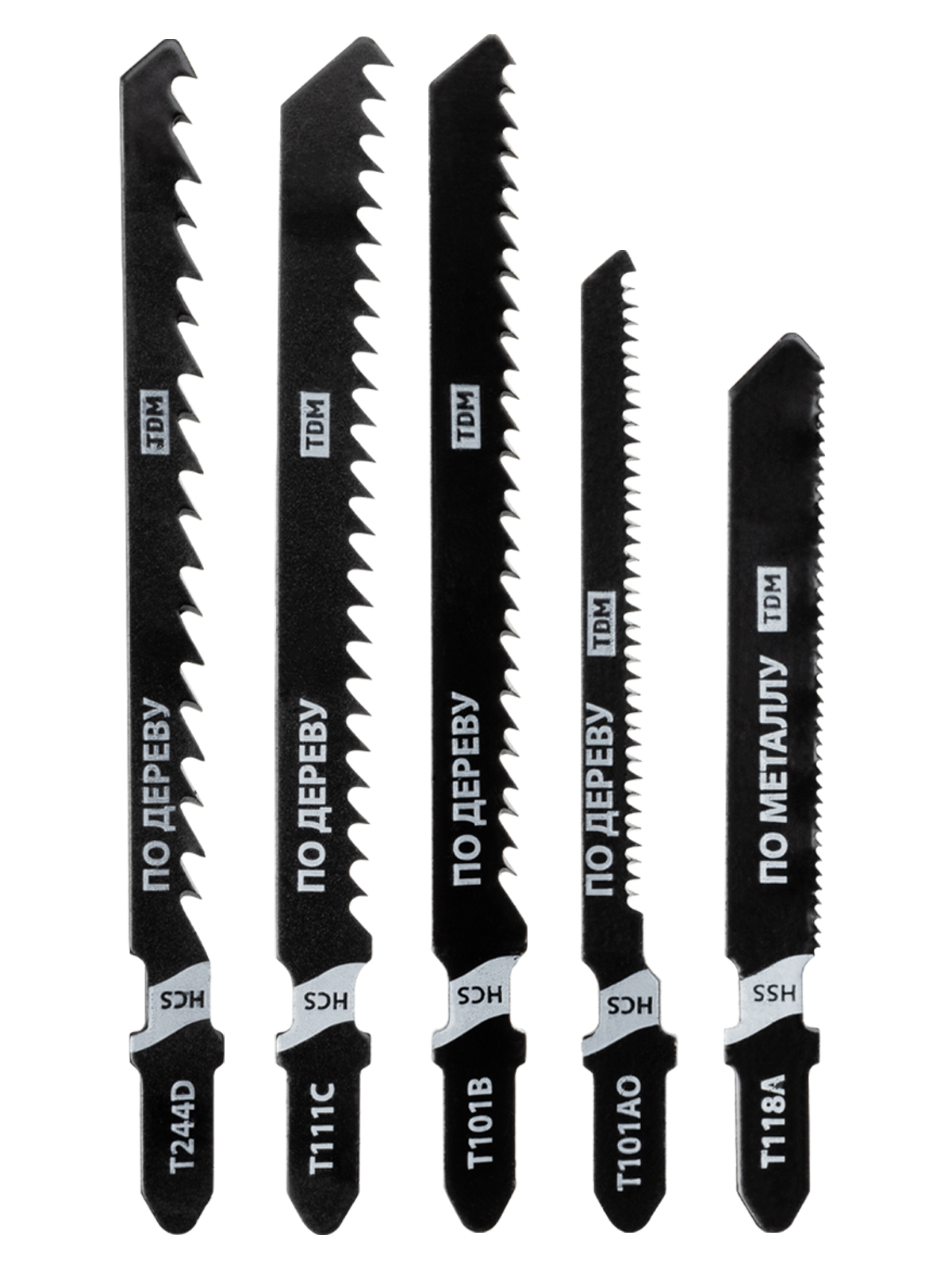Set de lame pentru fierăstrău pendular pentru lemn: T101AO,T101B,T111C,244D, pentru metal: T118A, 5 buc., "Rubin", TDM