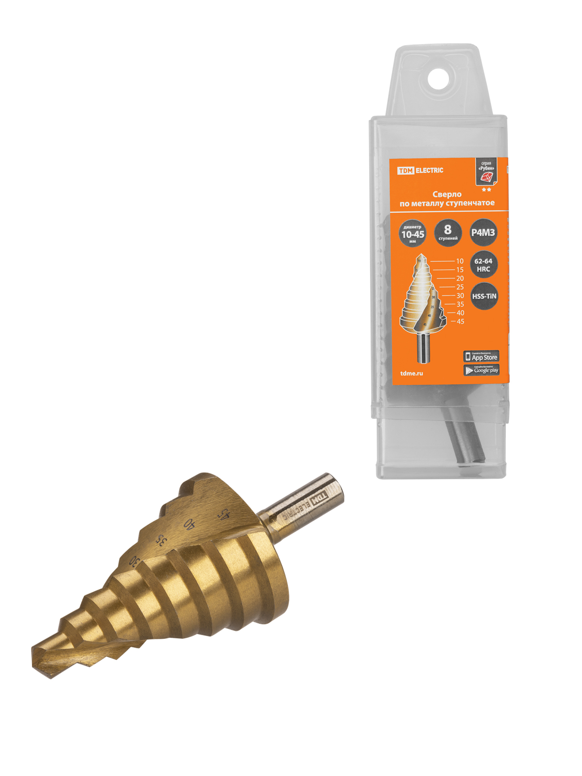 Burghiu treptat pentru metal, 10-45 mm, 8 trepte, nitru, HSS, coadă cilindrică, "Rubin" TDM