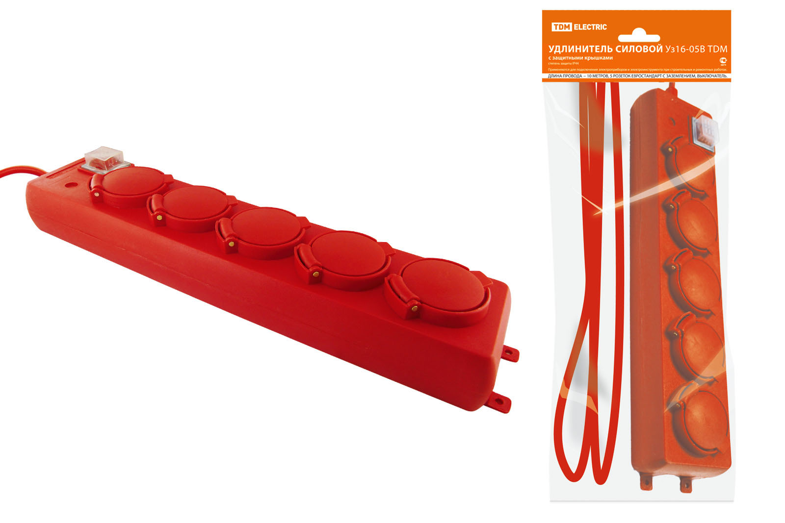 Prelungitor de putere Uz16-05V TDM (cu capace IP44, întrerupător, 5 locuri/10m PVC 3x1,0)
