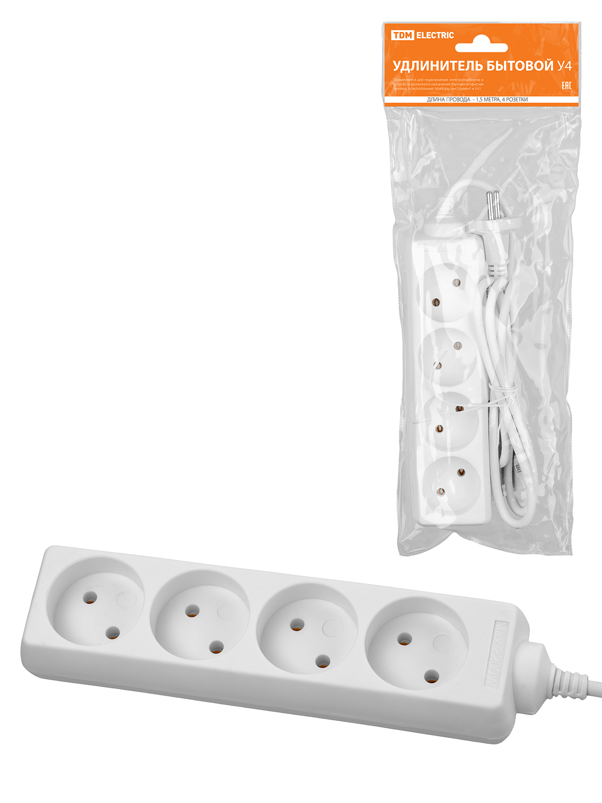 Prelungitor casnic У4 4 prize, 1,5m, fără împământare, ПВС 2x0,75mm² 10A/250V TDM