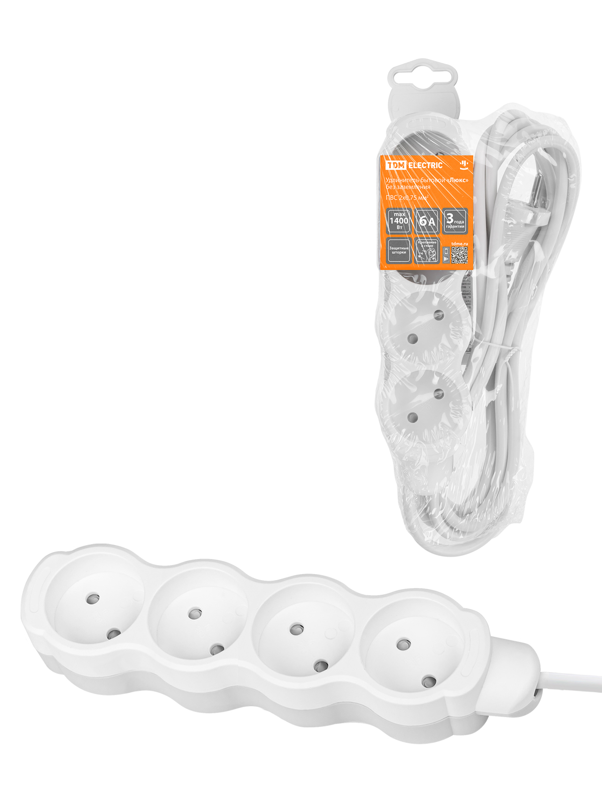 Prelungitor casnic "Lux" UL4 4 prize, 3 m, fără împământare, cu împământare, PVC 2x0,75 mm2 10A/250V alb-gri TDM