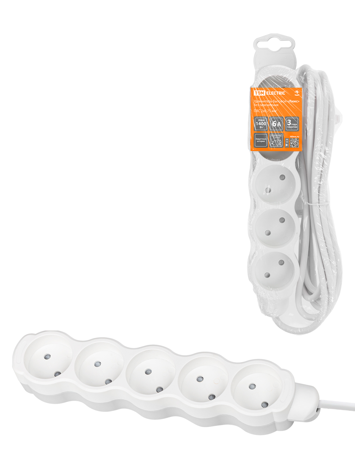 Prelungitor casnic "Lux" UL5 5 prize, 3 m, fără împământare, cu împământare, PVC 2x0,75 mm2 10A/250V alb-gri TDM