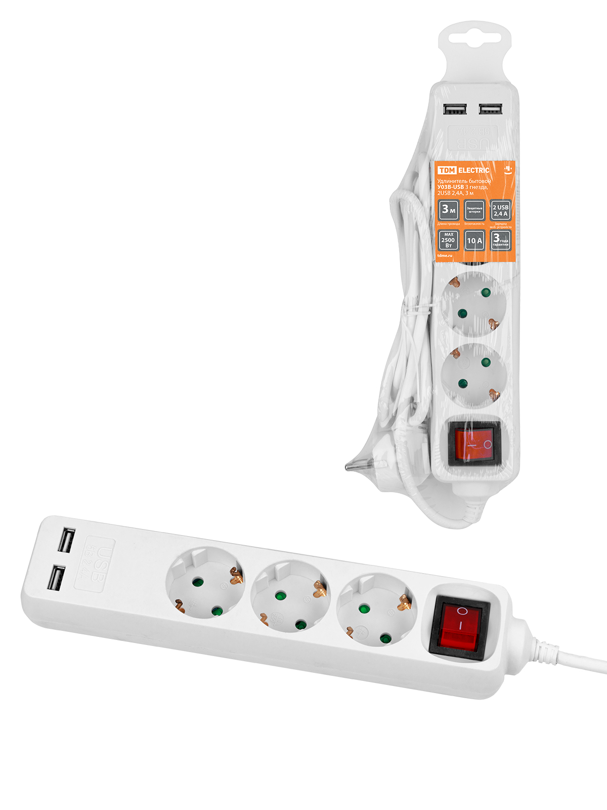 Удлинитель бытовой У03В-USB 3 гнезда, 2USB 2,4А, 3 м, вык., з/к, ПВС 3х0,75мм2 10А/250В белый TDM