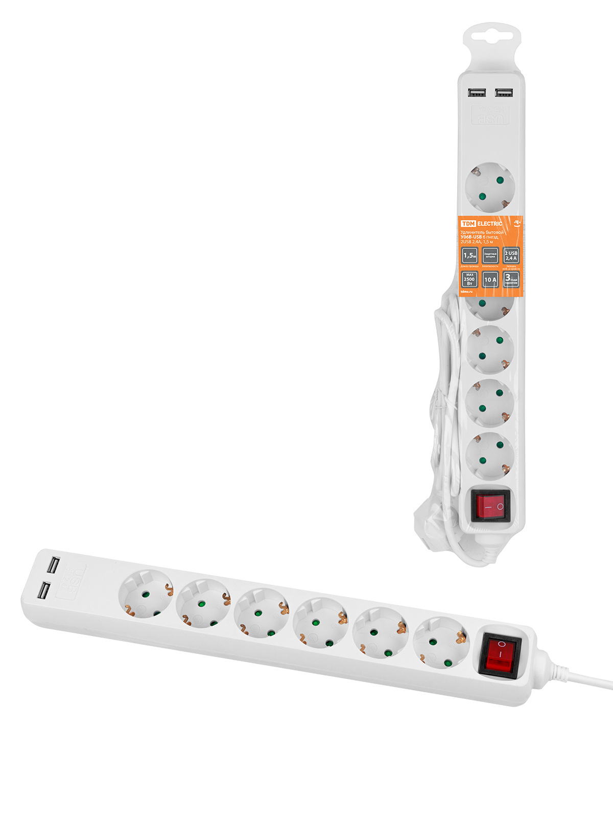 Удлинитель бытовой У06В-USB 6 гнезд, 2USB 2,4А, 1,5 м, вык., з/к, ПВС 3х0,75мм2 10А/250В белый TDM