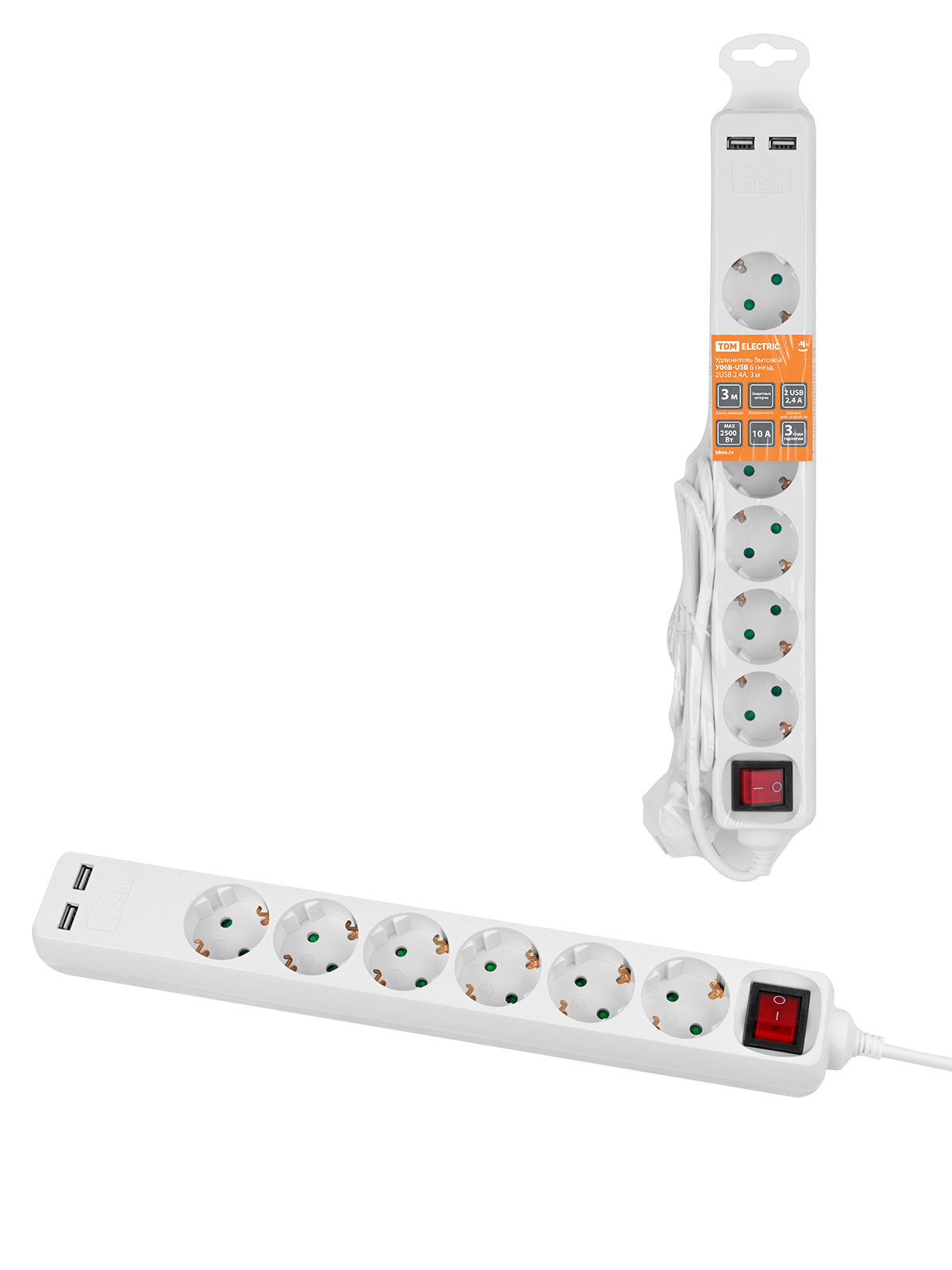 Удлинитель бытовой У06В-USB 6 гнезд, 2USB 2,4А, 3 м, вык., з/к, ПВС 3х0,75мм2 10А/250В белый TDM