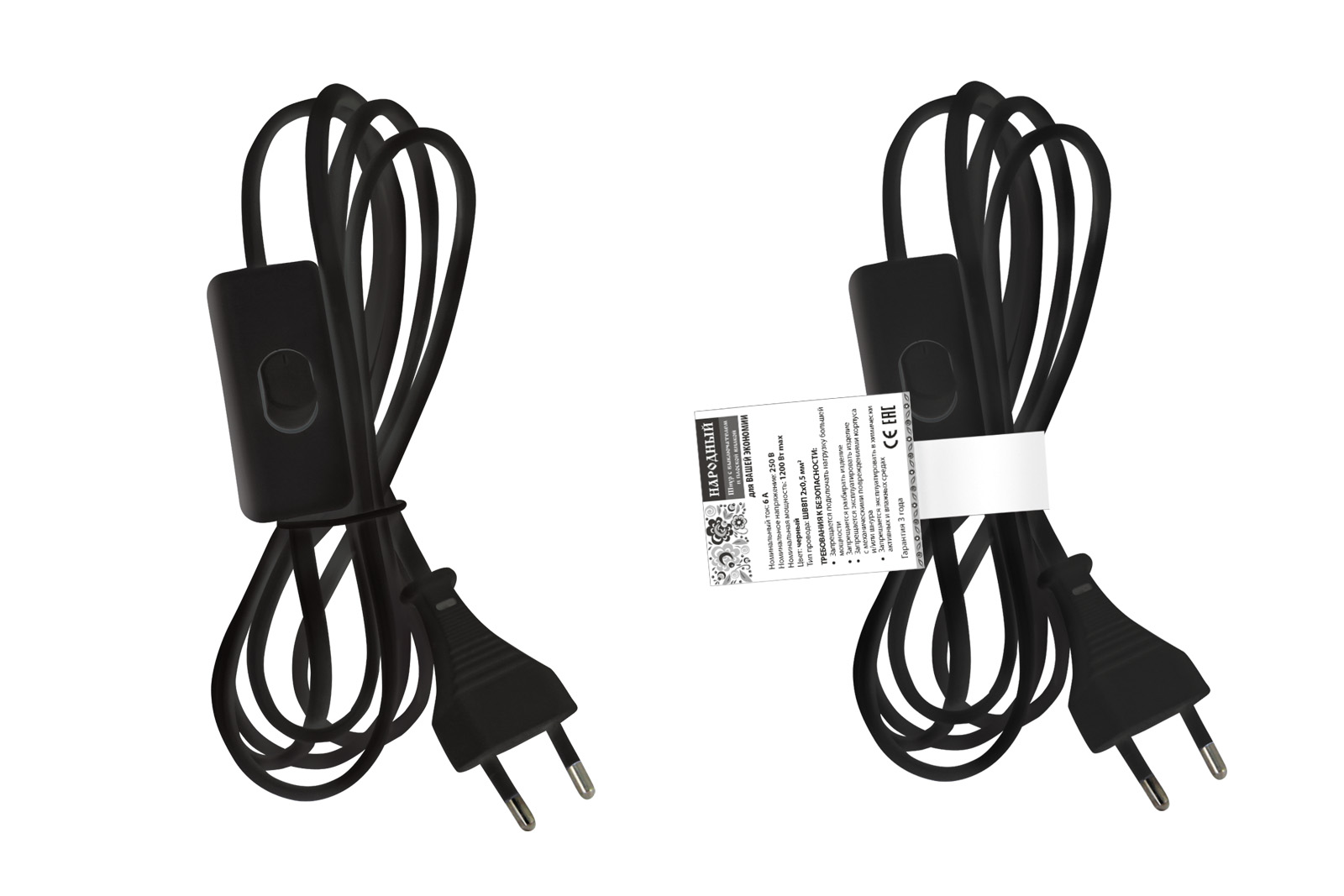 Șnur cu întrerupător și priză plată "Народный" ШВВП 2x0,5mm2 2m negru(SQ1305-0042)
