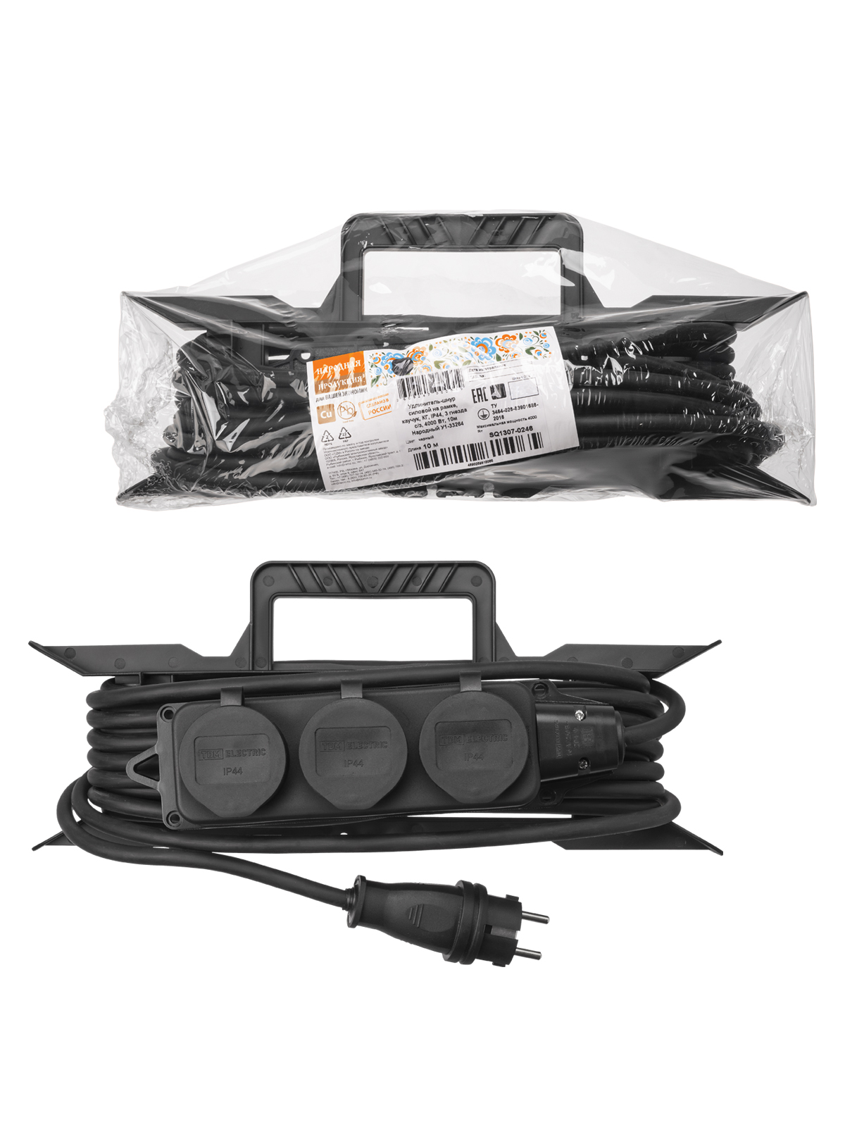Prelungitor-cablu de putere pe cadru, din cauciuc, КГ, IP44, 3 prize с/з, 4000 Вт, 10 м Народный