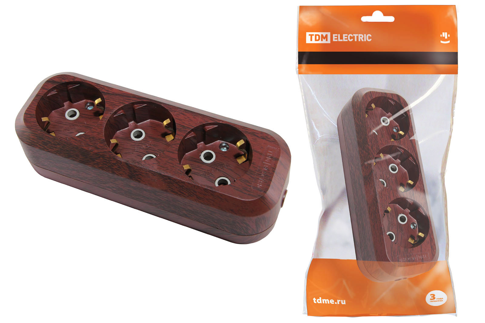 Bloc priză 3 prize 2P+3 16A 250V "Eco" (lemn) TDM