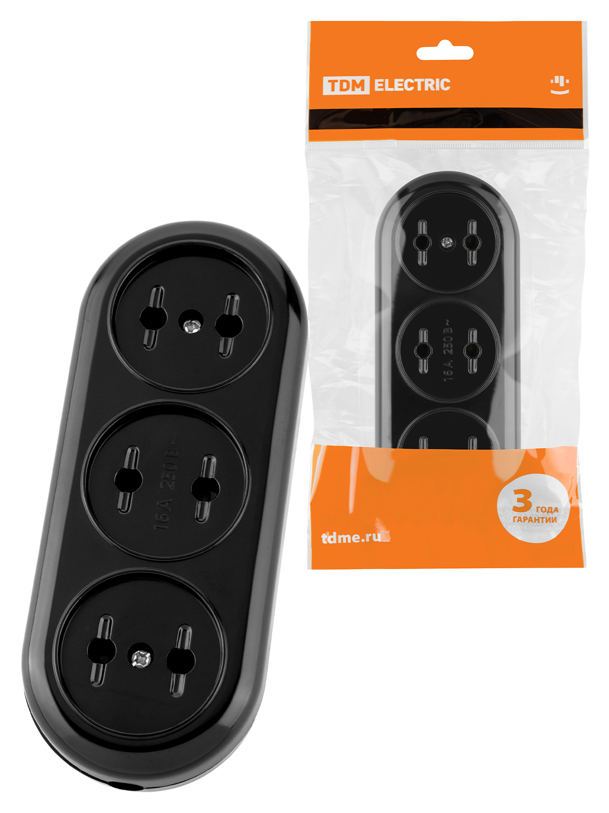 Bloc de priză 3 prize 2P 16A 250B negru „Retro” (carbolit) TDM