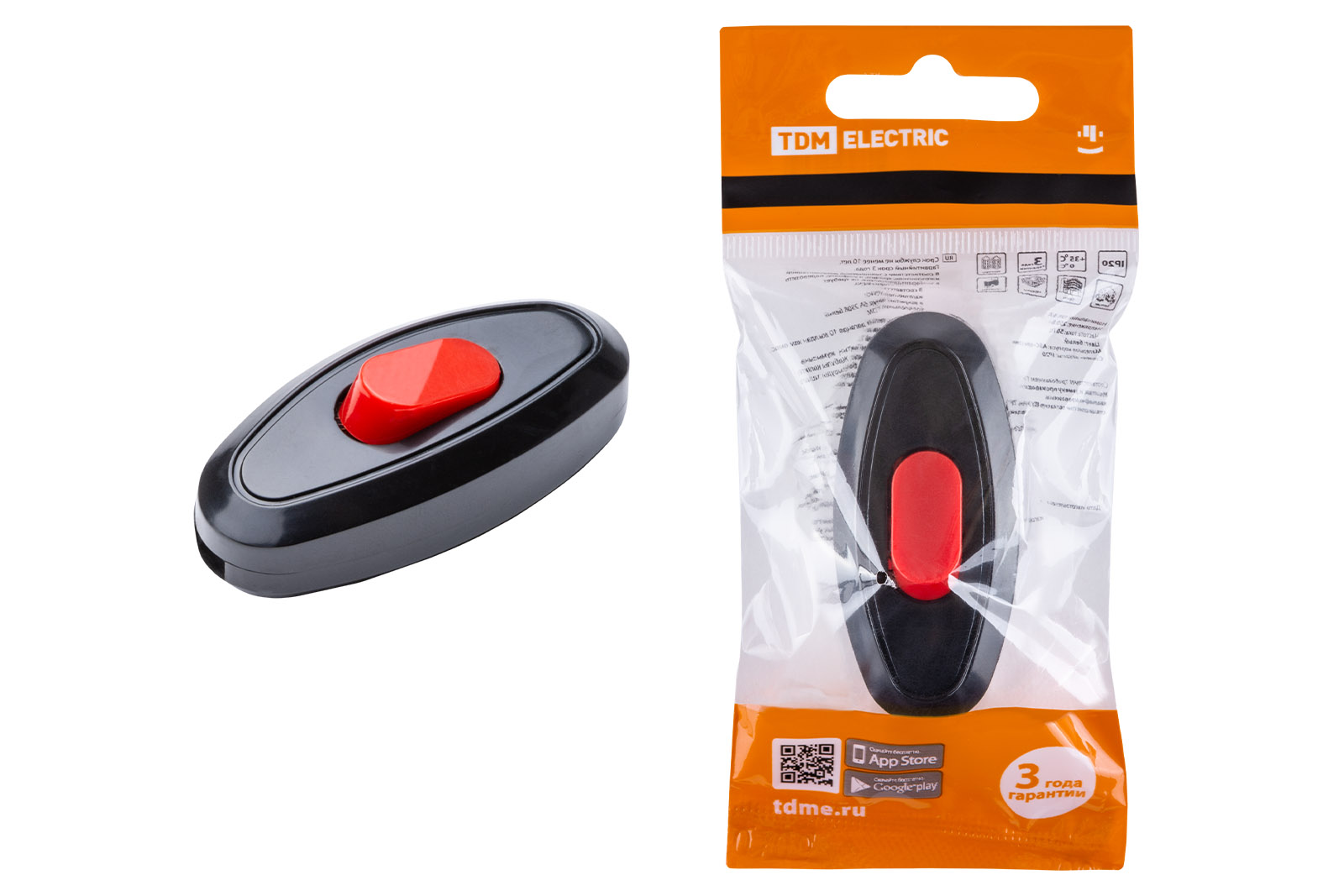 Comutator cu cablu 6A 250V negru cu buton roșu TDM
