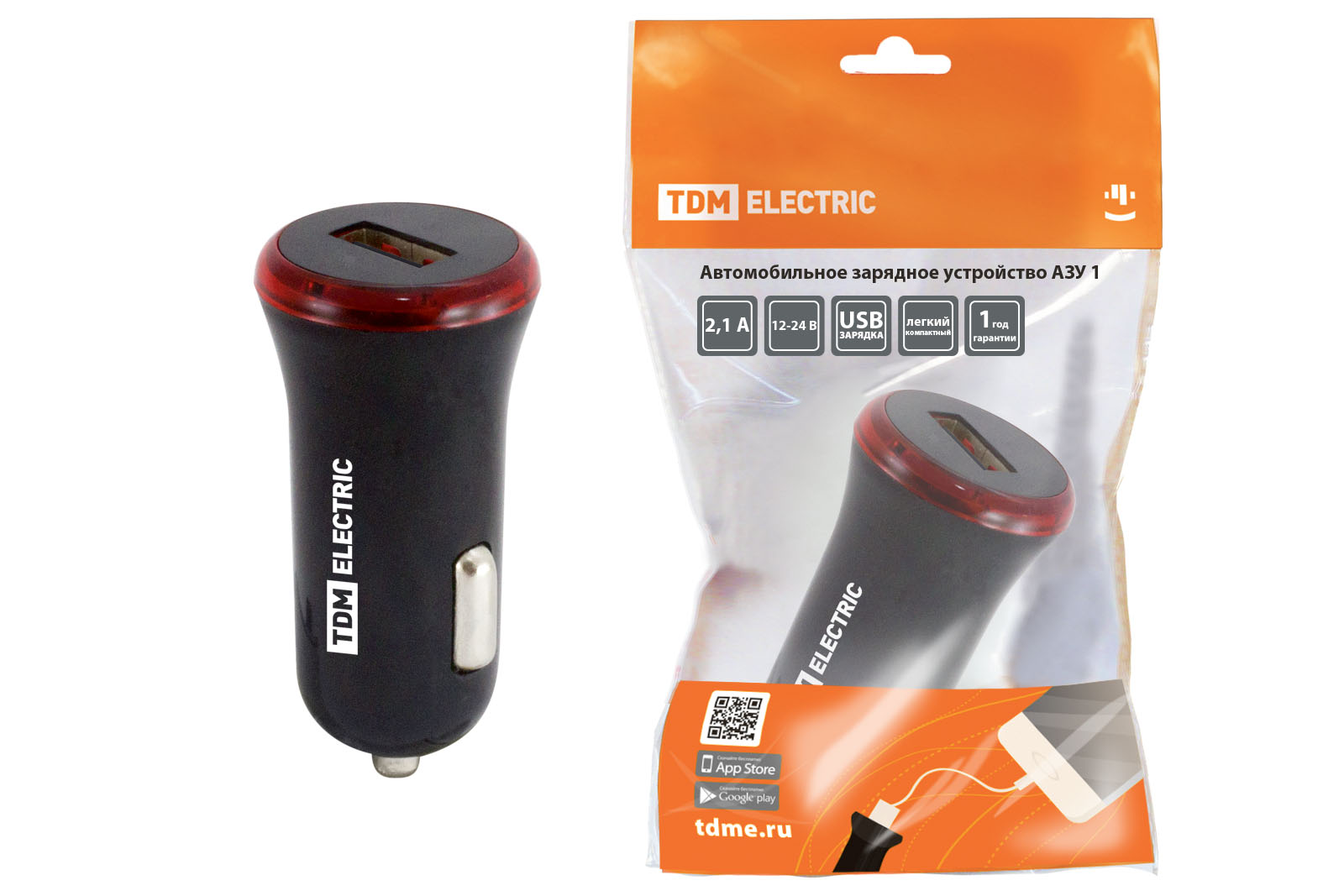 Автомобильное зарядное устройство, АЗУ 1, 2,1 А, 1 USB, черный, TDM(SQ1810-0201)