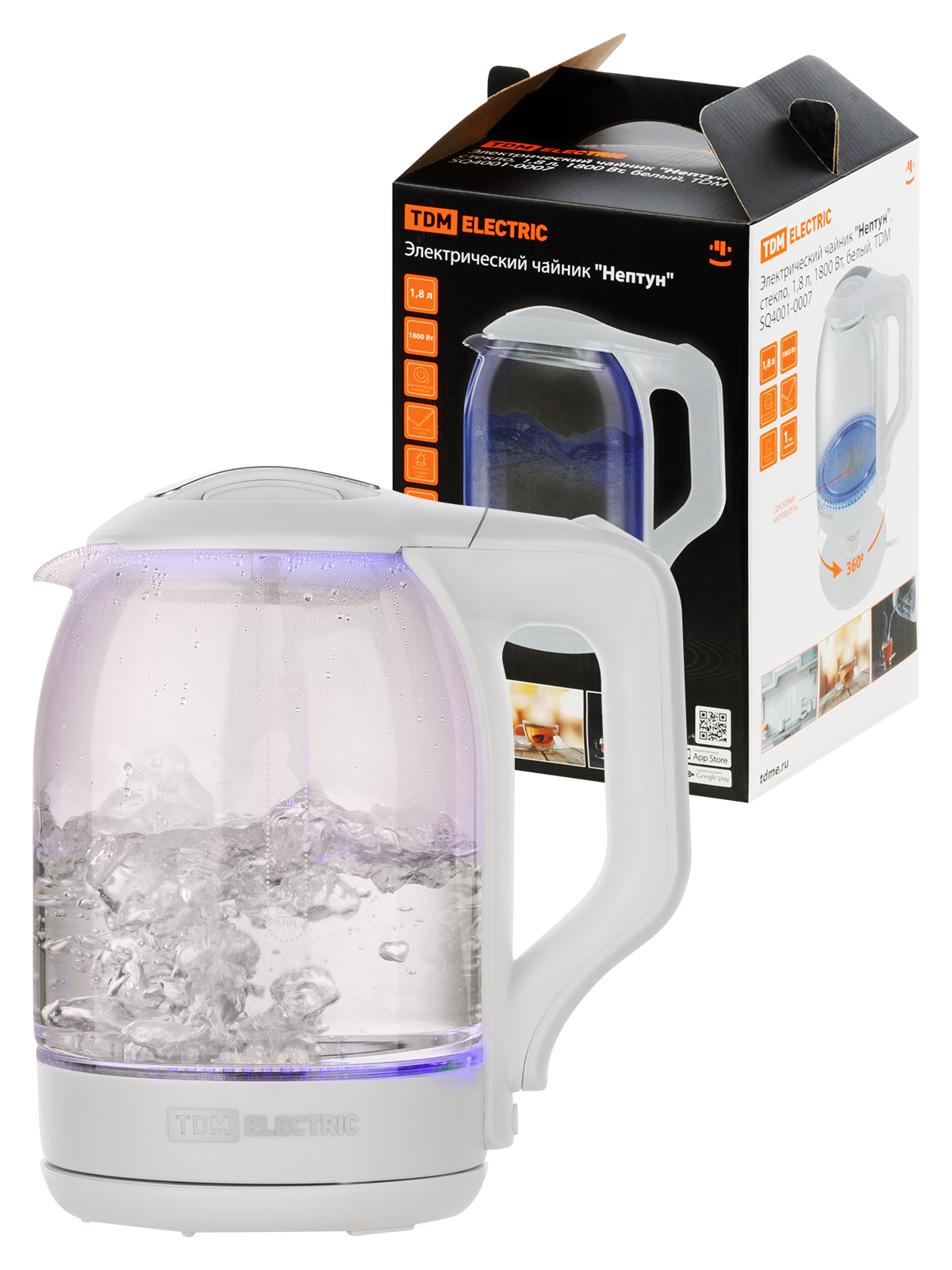 Ceainic electric "Neptun", sticlă, 1,8 l, 1800 W, alb, TDM
