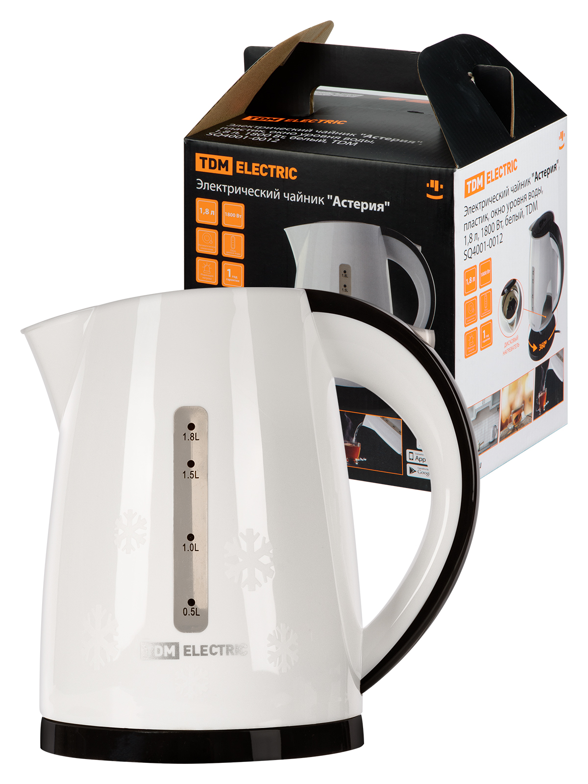 Ceainic electric "Asteria", plastic, fereastră nivel apă, 1,8 l, 1800 W, alb, TDM