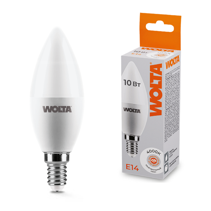 Светодиодная лампа свеча WOLTA 25SC10E14 C37 10 Вт 4000K E14