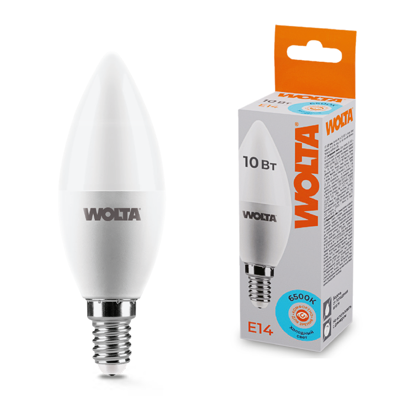 Светодиодная лампа свеча WOLTA 25WC10E14 C37 10W 6500K E14