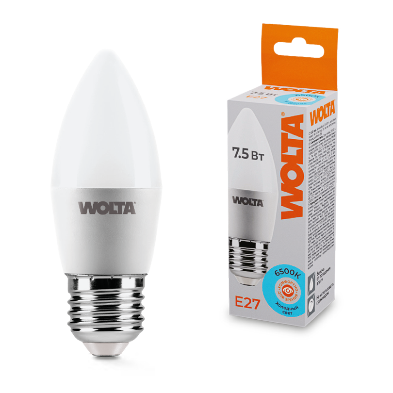 Светодиодная лампа свеча WOLTA 25WC7.5E27 C37 7.5 Вт 6500K E27