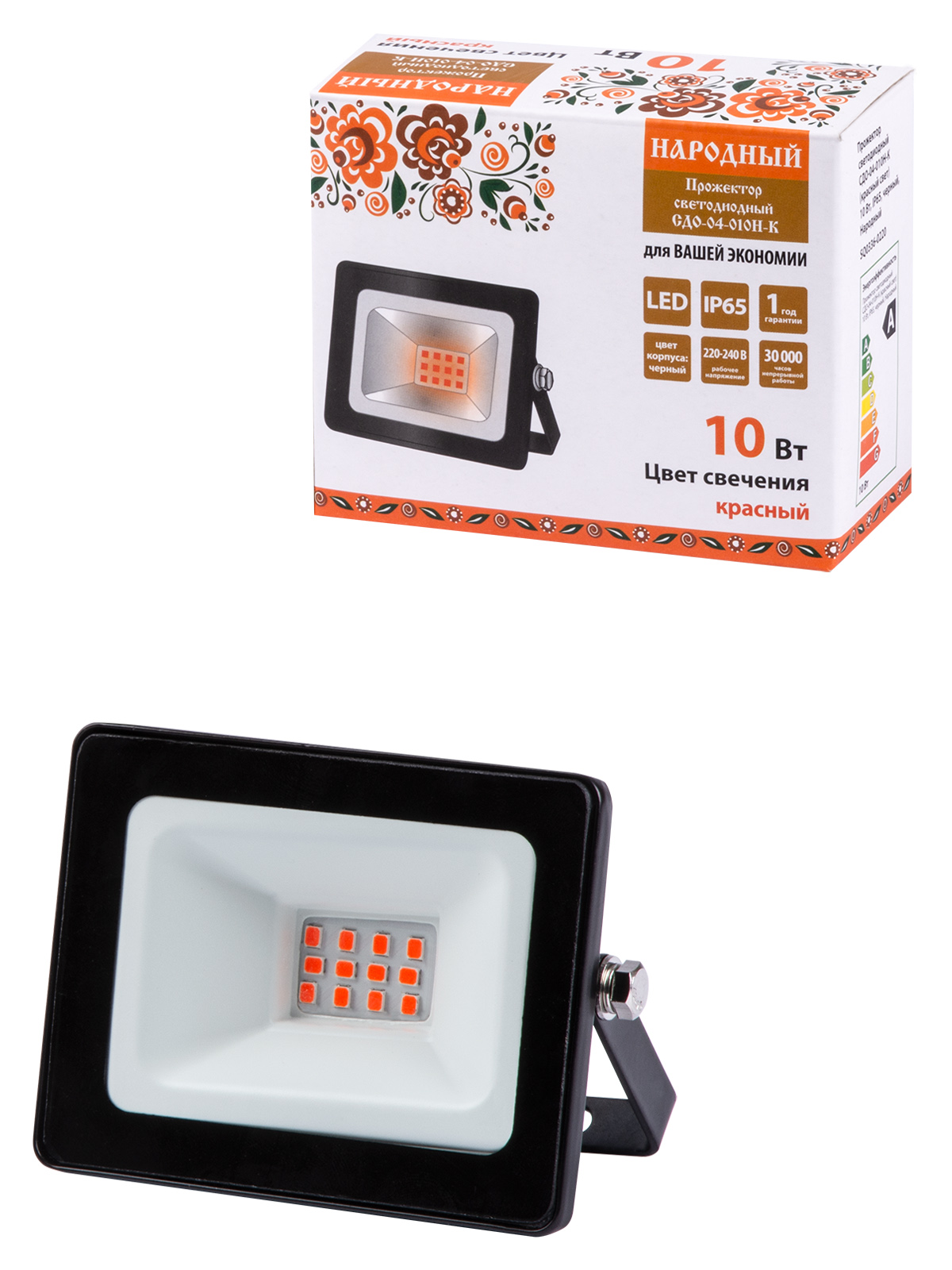 Proiector LED СДО-04-010Н-К (lumină roșie) 10 W, IP65, negru, Народный