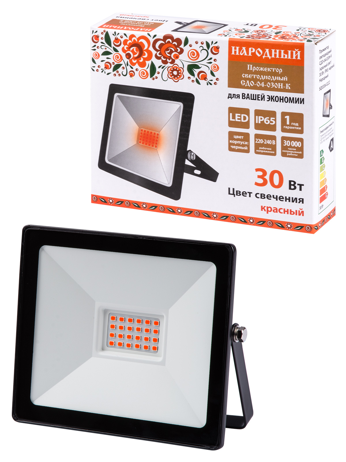 Proiector LED СДО-04-030Н-К (lumină roșie) 30 W, IP65, negru, Народный