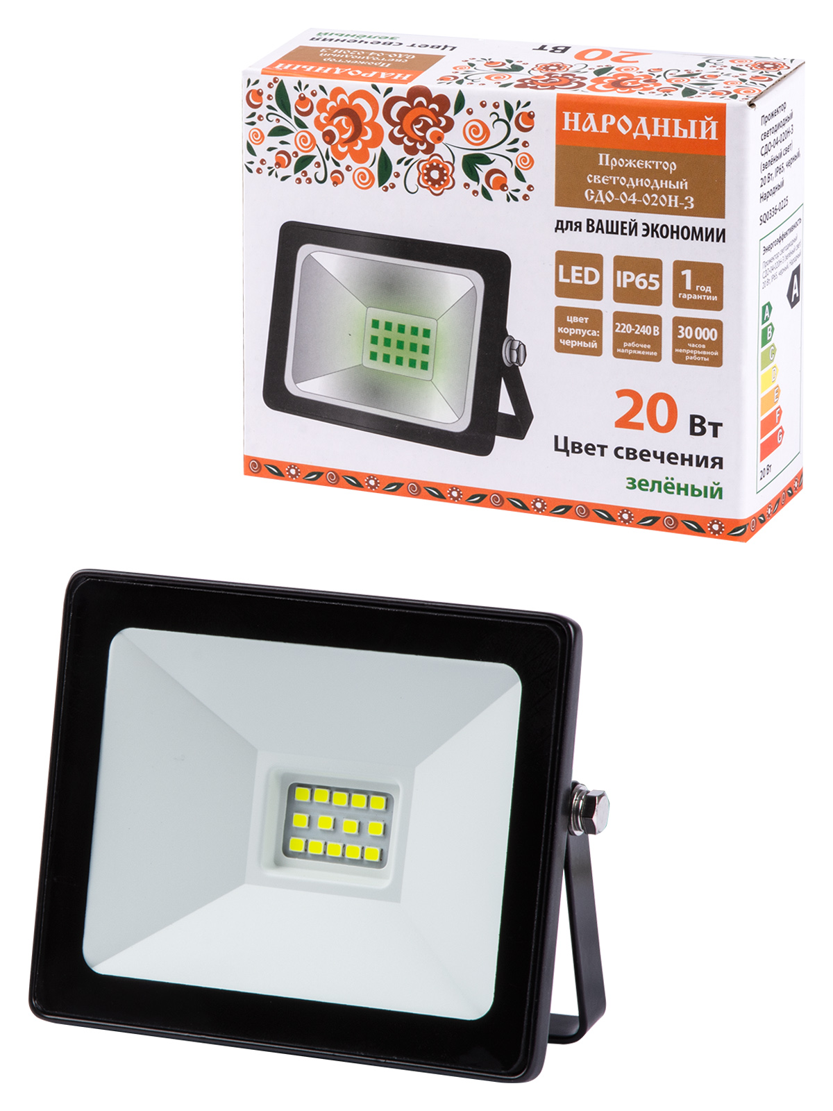 Proiector LED СДО-04-020Н-З (lumină verde) 20 W, IP65, negru, Народный