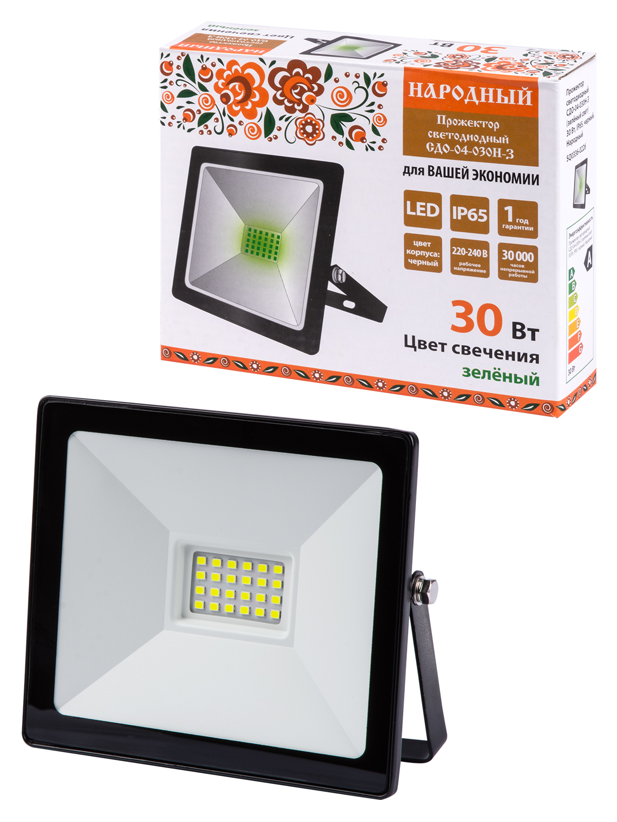 Proiector LED СДО-04-030Н-З (lumină verde) 30 W, IP65, negru, Народный