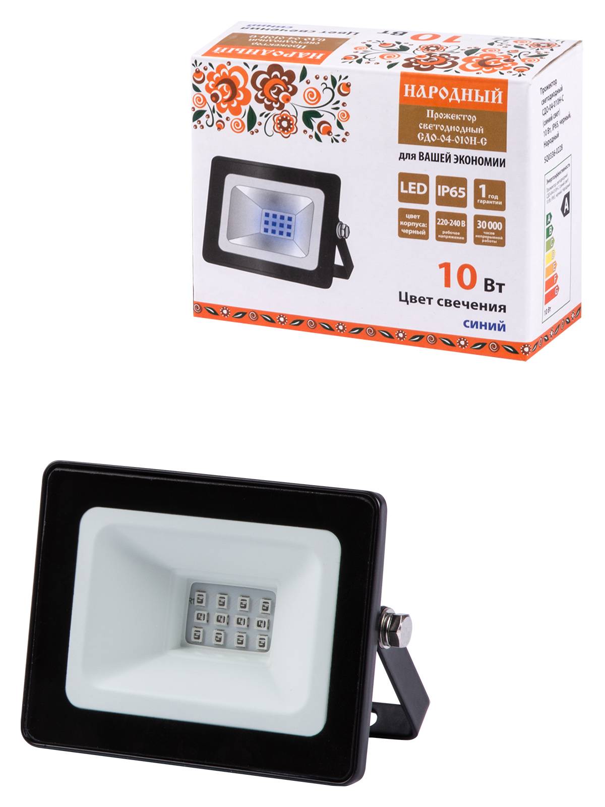 Proiector LED СДО-04-010Н-С (lumină albastră) 10 W, IP65, negru, Народный
