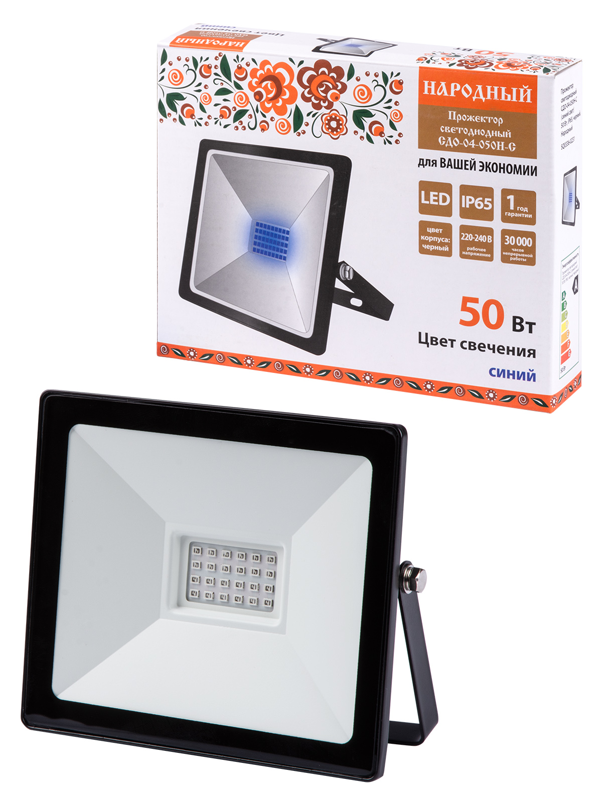 Proiector LED СДО-04-050Н-С (lumină albastră) 50 W, IP65, negru, Народный