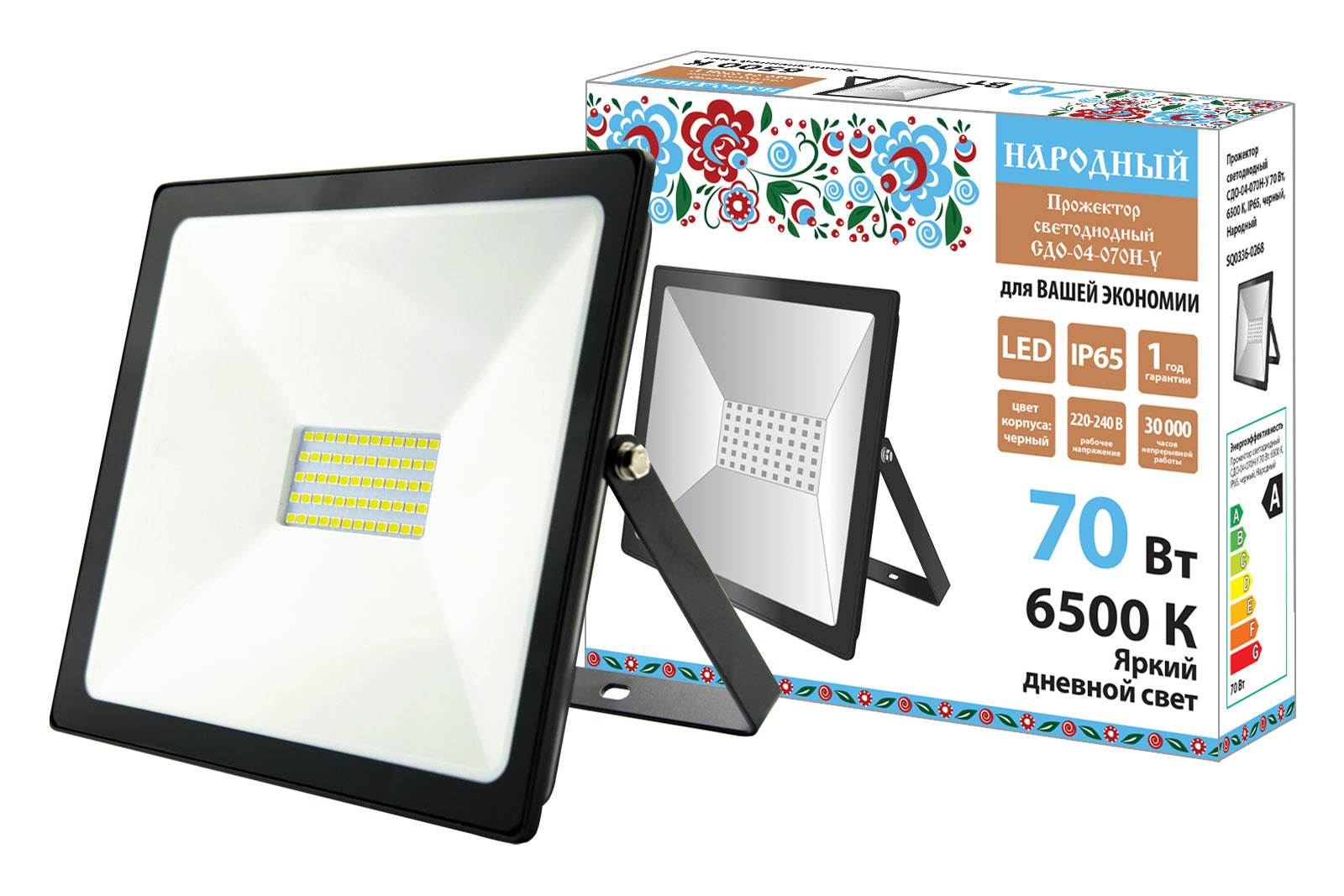 Proiector LED СДО-04-070Н-У 70W, 6500K, IP65, negru, Народный