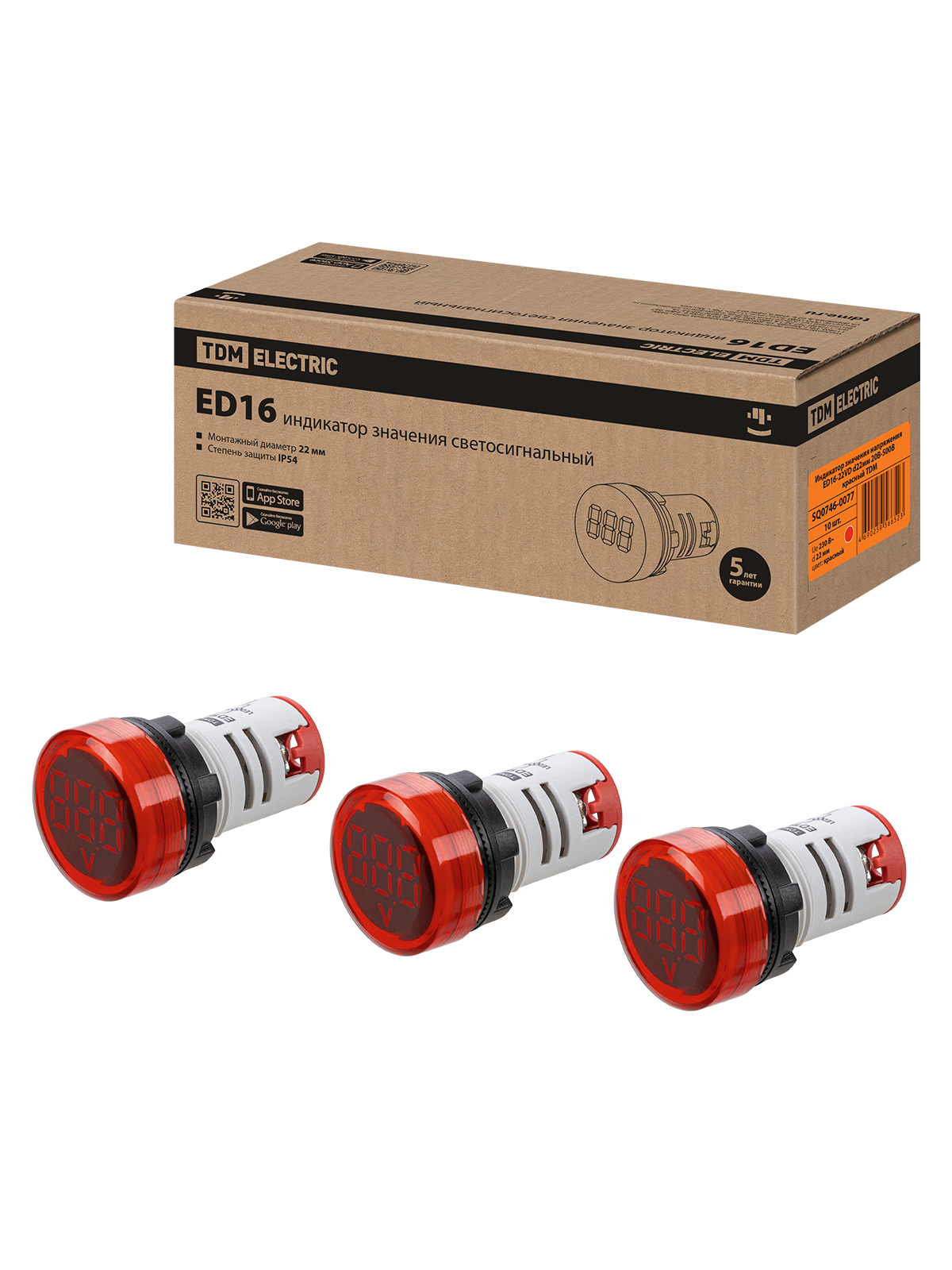 Индикатор значения напряжения ED16-22VD d22мм 20В-500В красный TDM(SQ0746-0077)