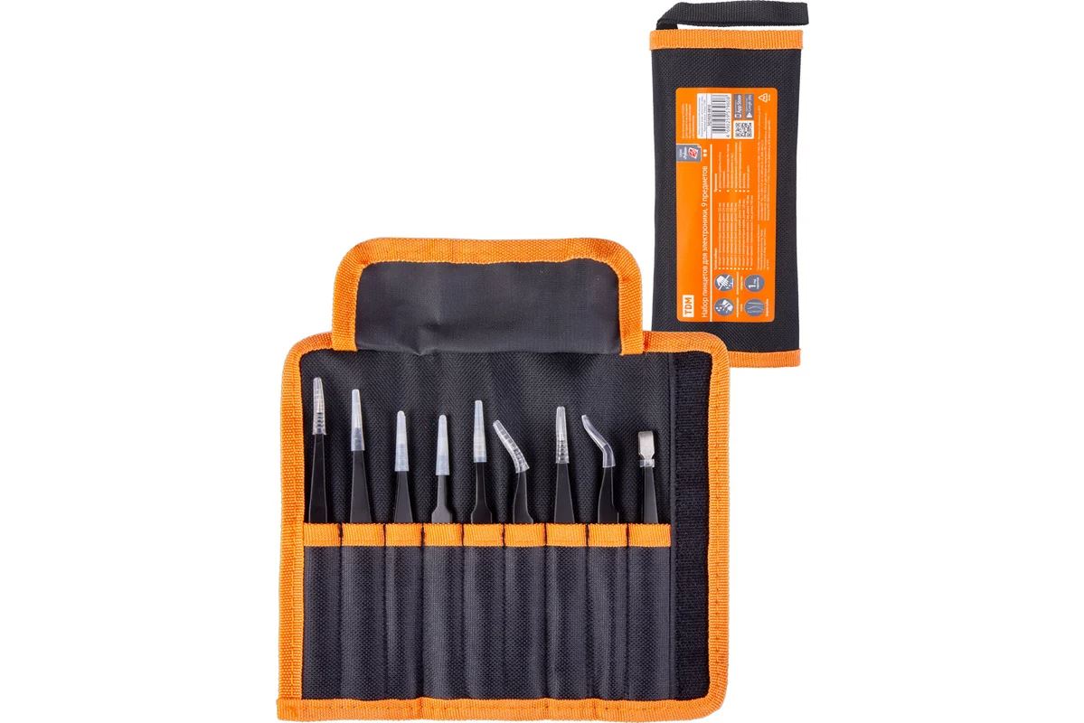 Set de pensete pentru electronică, 9 piese, inox, acoperire antistatică, husă din pânză, "Rubin" TDM