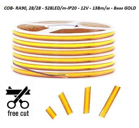 Лента світлодіодна COB‑RA90,28/28 - 528LED/m‑IP20 - 12V - 13Вт/м - 8мм - 6000К GOLD (5м) (TR0331-261